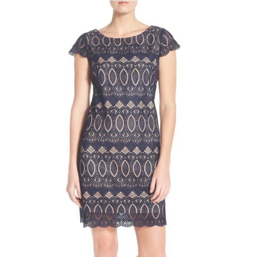 Eliza J Sheath Dress Womens 8 Navy Lace Wedding Guest Formal Feminine Romantic
